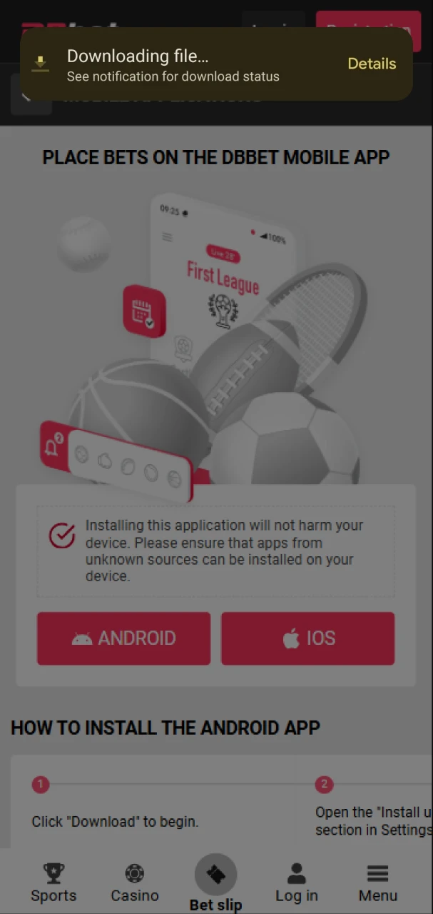 Wait for the download to complete to install the DBbet app.