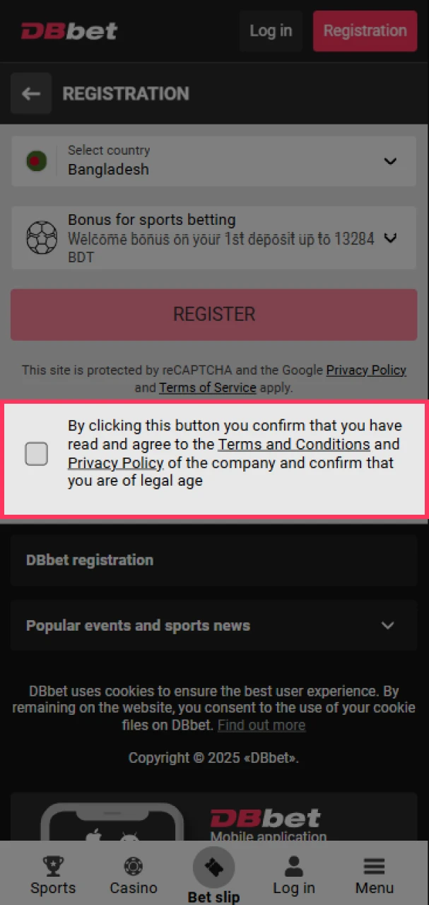 Agree to DBbet's terms and conditions and privacy policy.