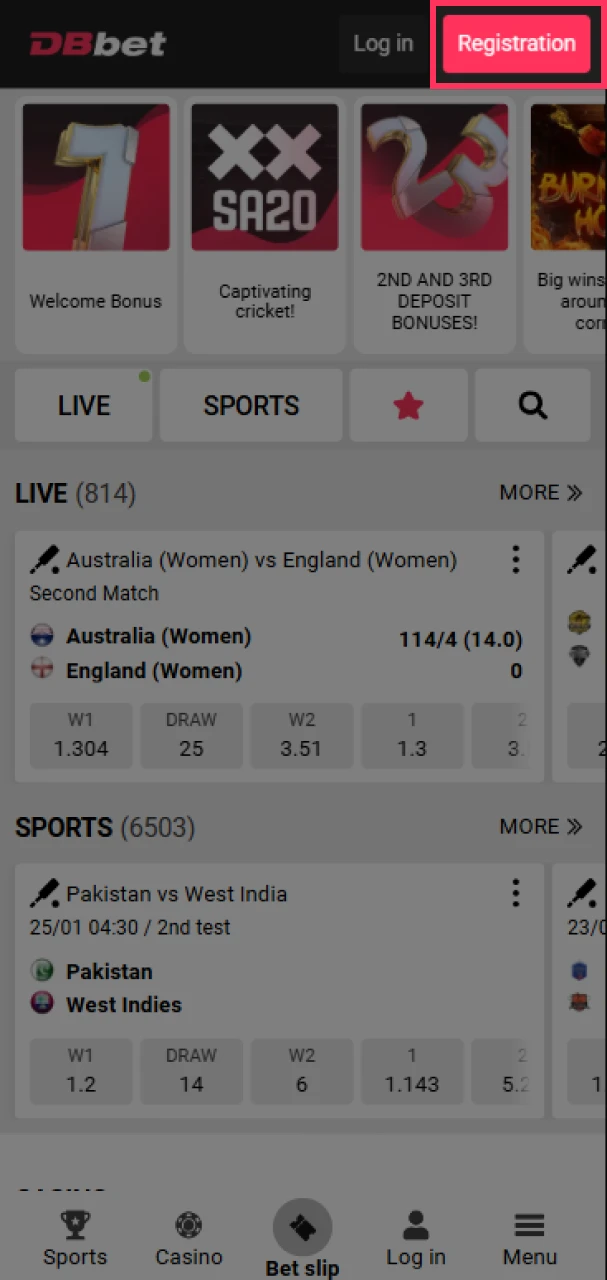 Find the “Registration” button on the main page of the DBbet website.
