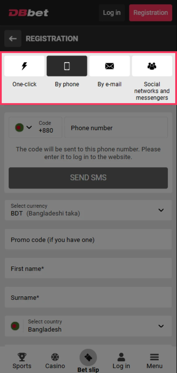 Choose a registration method to register on the DBbet website.