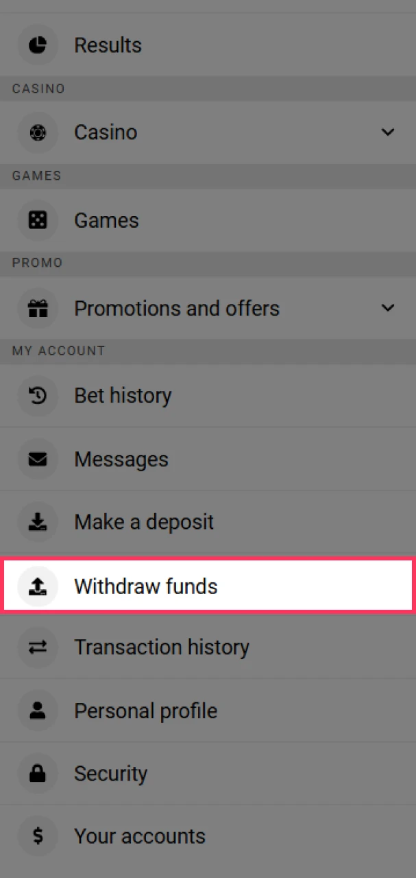 Open the withdrawal section to withdraw money from DBbet.